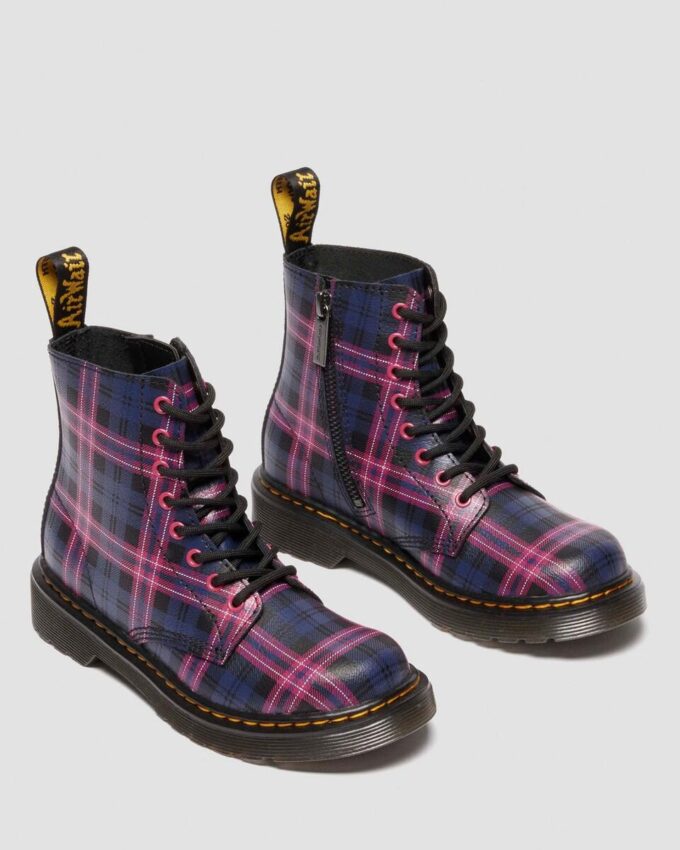 1460 PASCAL JUNIOR PINK TARTAN LACE UP KIDS BOOTS