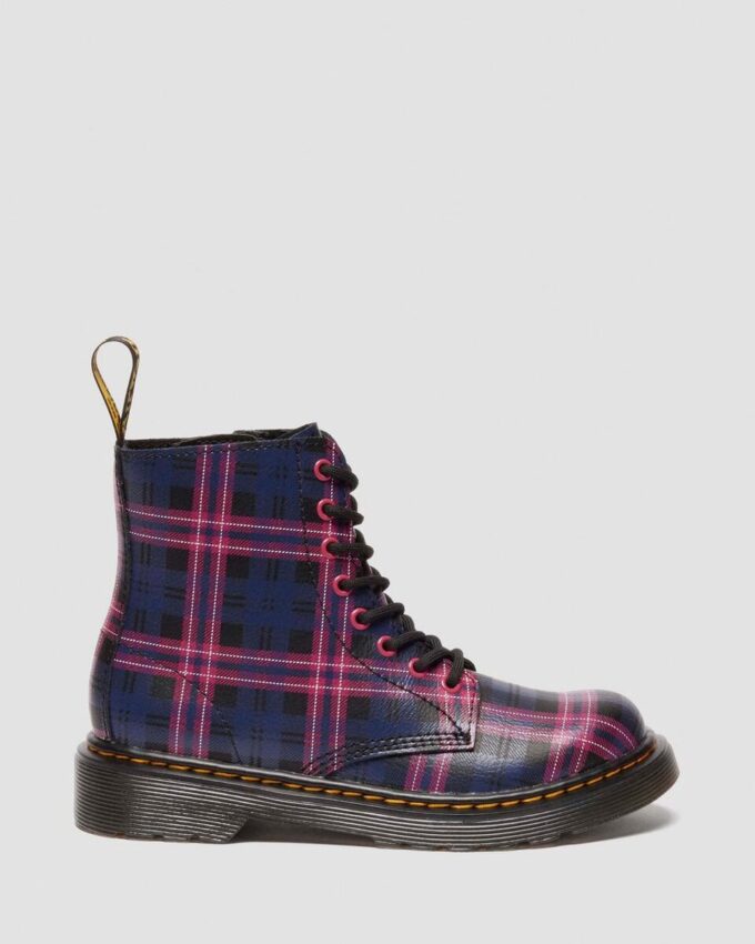 1460 PASCAL JUNIOR PINK TARTAN LACE UP KIDS BOOTS